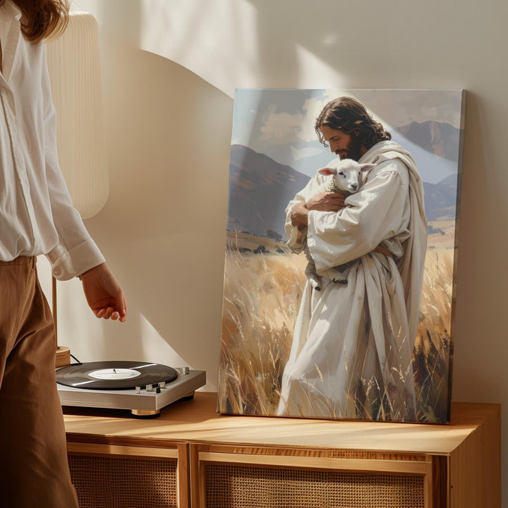 Jesus Holding Lamb Canvas – Gentle Christian Wall Art of the Good Shepherd and Divine Care - Gifitto