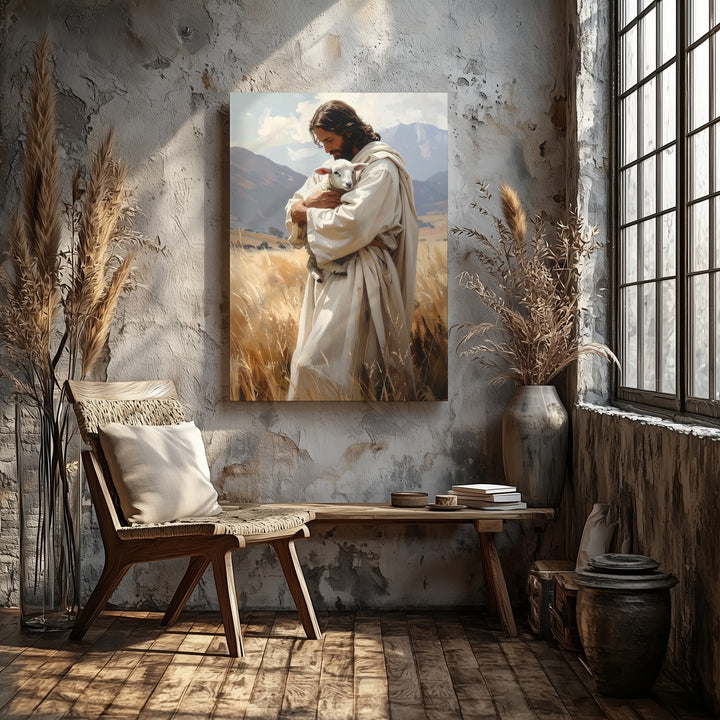 Jesus Holding Lamb Canvas – Gentle Christian Wall Art of the Good Shepherd and Divine Care - Gifitto