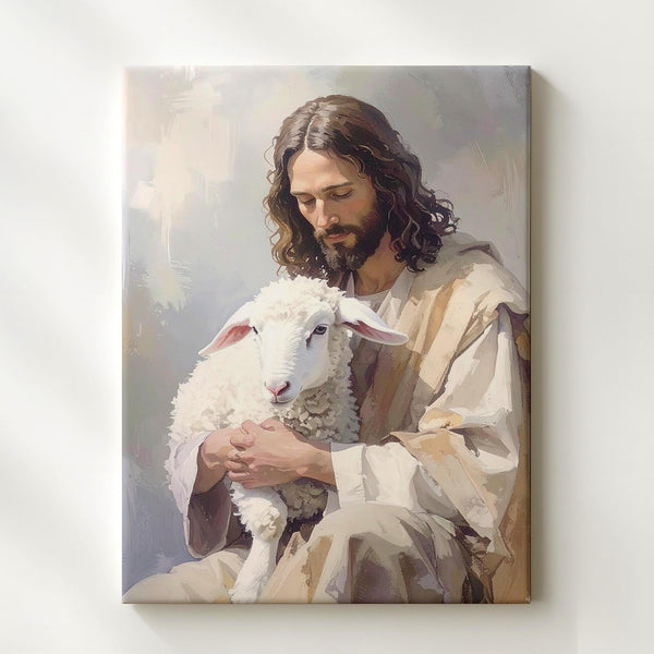 Jesus Holding Lamb Stillness Canvas – Minimalist Christian Wall Art of Divine Care and Peace - Gifitto