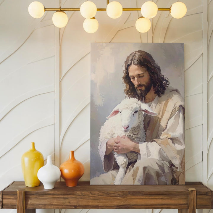 Jesus Holding Lamb Stillness Canvas – Minimalist Christian Wall Art of Divine Care and Peace - Gifitto