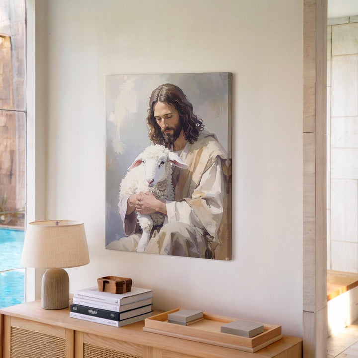 Jesus Holding Lamb Stillness Canvas – Minimalist Christian Wall Art of Divine Care and Peace - Gifitto