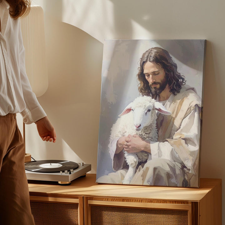 Jesus Holding Lamb Stillness Canvas – Minimalist Christian Wall Art of Divine Care and Peace - Gifitto