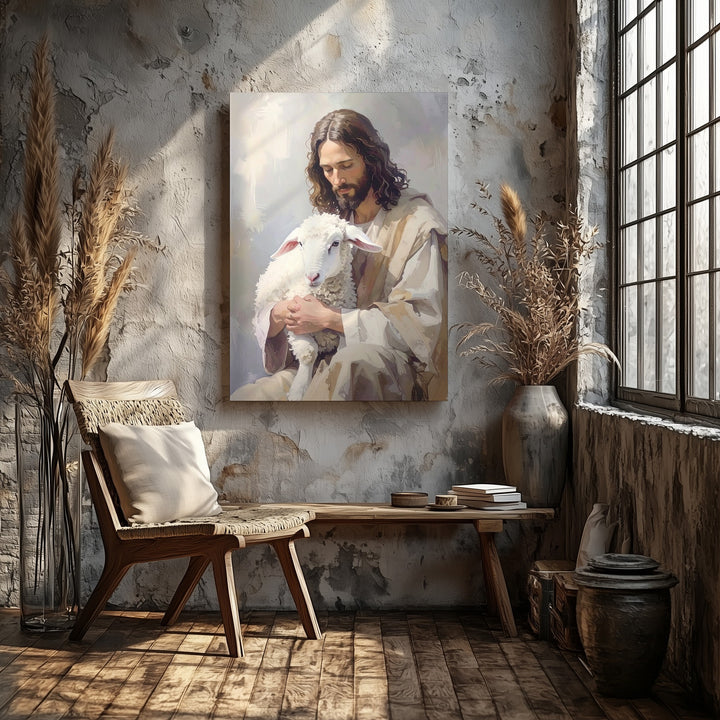 Jesus Holding Lamb Stillness Canvas – Minimalist Christian Wall Art of Divine Care and Peace - Gifitto