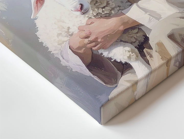 Jesus Holding Lamb Stillness Canvas – Minimalist Christian Wall Art of Divine Care and Peace - Gifitto
