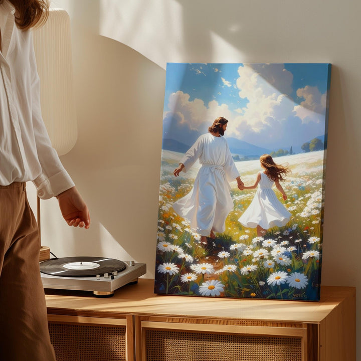 Jesus Dancing with Young Girl Canvas – Joyful Christian Wall Art of Divine Love and Innocence - Gifitto