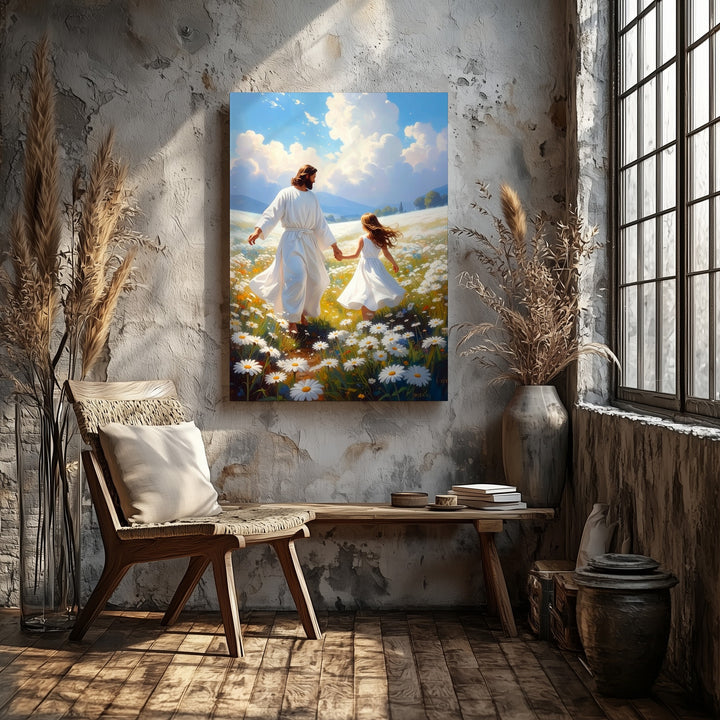 Jesus Dancing with Young Girl Canvas – Joyful Christian Wall Art of Divine Love and Innocence - Gifitto