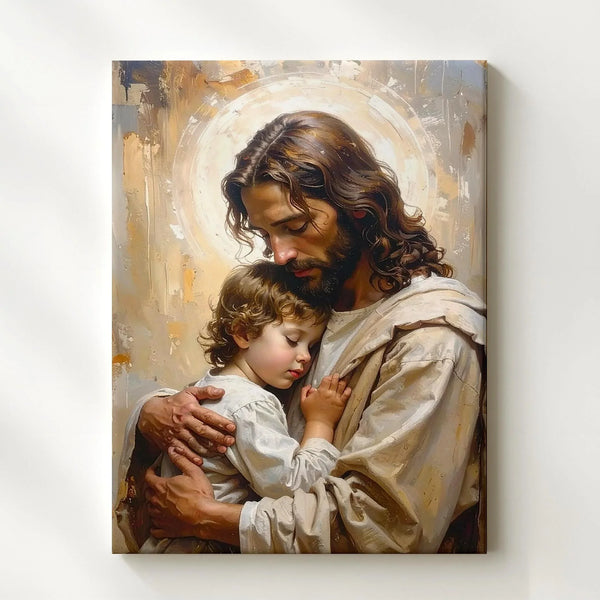 Jesus Embracing a Child Canvas – Christian Wall Art of Divine Love and Comfort - Gifitto