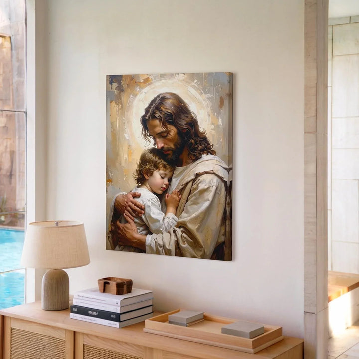 Jesus Embracing a Child Canvas – Christian Wall Art of Divine Love and Comfort - Gifitto