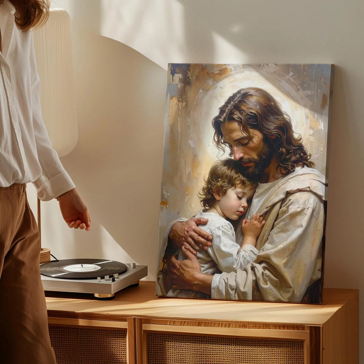 Jesus Embracing a Child Canvas – Christian Wall Art of Divine Love and Comfort - Gifitto