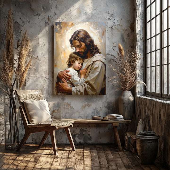 Jesus Embracing a Child Canvas – Christian Wall Art of Divine Love and Comfort - Gifitto