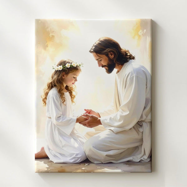 Jesus Kneeling with Girl Canvas – Sacred Christian Wall Art of Divine Guidance and Innocence - Gifitto