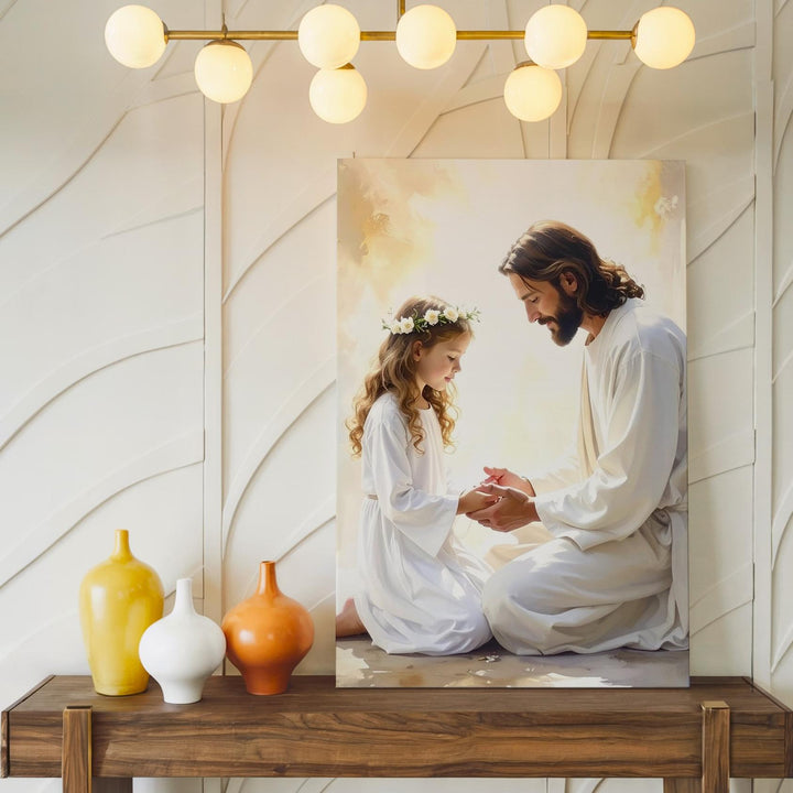 Jesus Kneeling with Girl Canvas – Sacred Christian Wall Art of Divine Guidance and Innocence - Gifitto