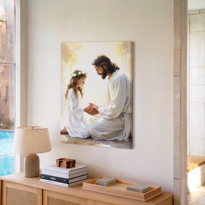 Jesus Kneeling with Girl Canvas – Sacred Christian Wall Art of Divine Guidance and Innocence - Gifitto