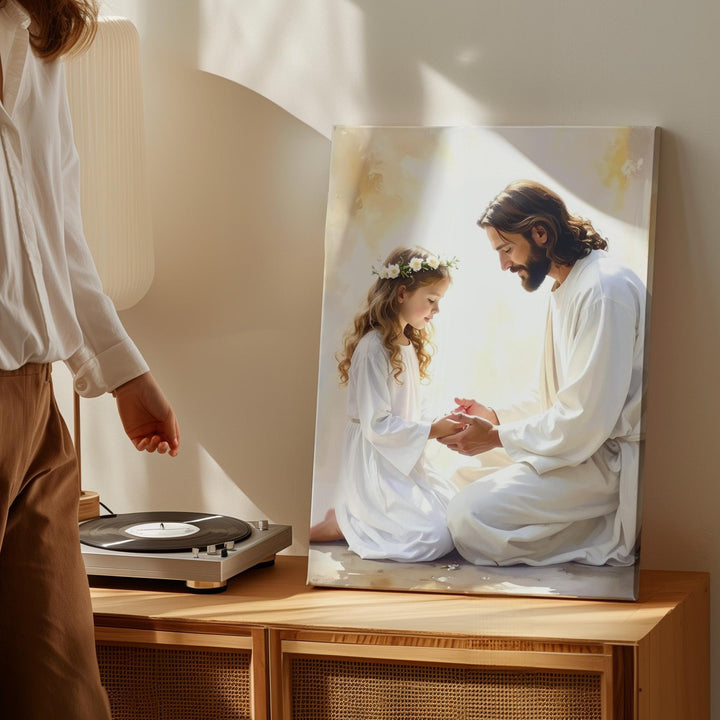 Jesus Kneeling with Girl Canvas – Sacred Christian Wall Art of Divine Guidance and Innocence - Gifitto
