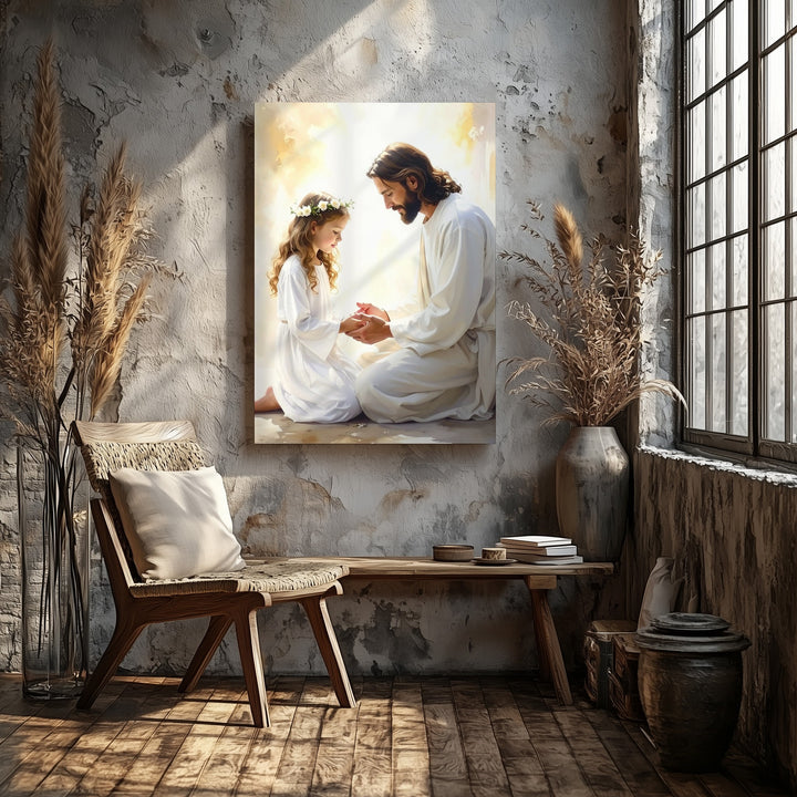 Jesus Kneeling with Girl Canvas – Sacred Christian Wall Art of Divine Guidance and Innocence - Gifitto