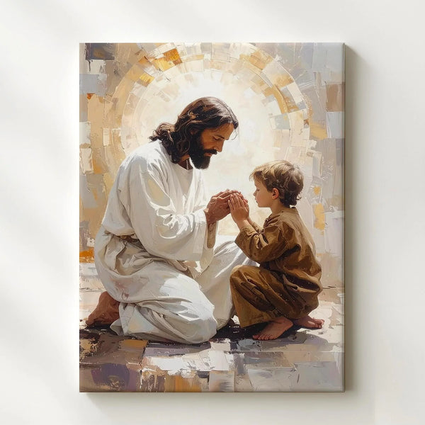 Jesus and Child in Prayer Canvas – Serene Christian Wall Art of Humility and Divine Presence - Gifitto
