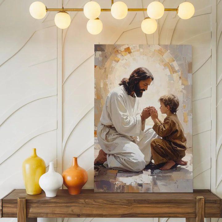 Jesus and Child in Prayer Canvas – Serene Christian Wall Art of Humility and Divine Presence - Gifitto