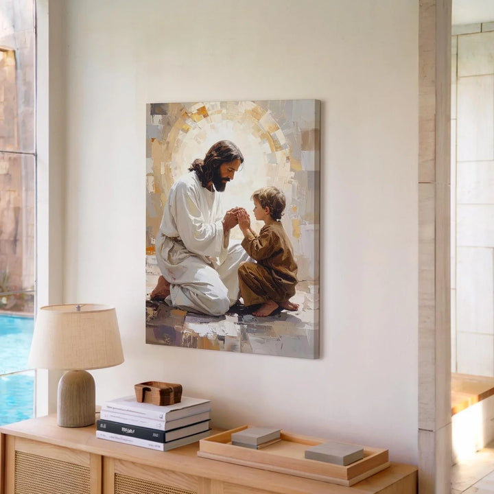 Jesus and Child in Prayer Canvas – Serene Christian Wall Art of Humility and Divine Presence - Gifitto