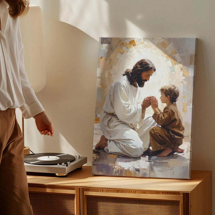 Jesus and Child in Prayer Canvas – Serene Christian Wall Art of Humility and Divine Presence - Gifitto