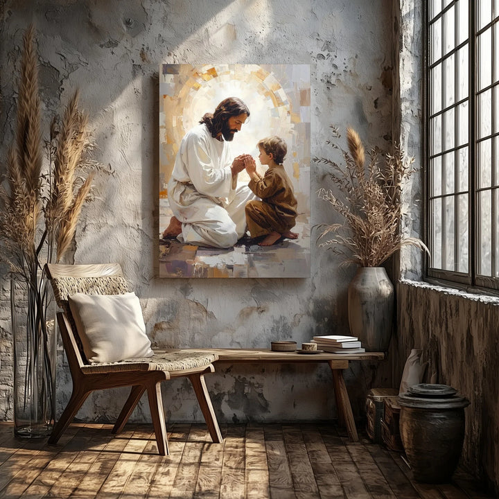 Jesus and Child in Prayer Canvas – Serene Christian Wall Art of Humility and Divine Presence - Gifitto
