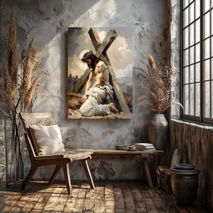 Jesus Bearing the Cross Canvas – Powerful Christian Wall Art of Suffering and Redemption - Gifitto