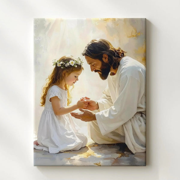 Jesus and Young Girl in Prayer Canvas – Divine Guidance and Spiritual Innocence Wall Art - Gifitto