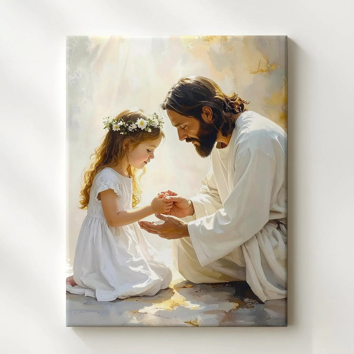 Jesus and Young Girl in Prayer Canvas – Divine Guidance and Spiritual Innocence Wall Art - Gifitto