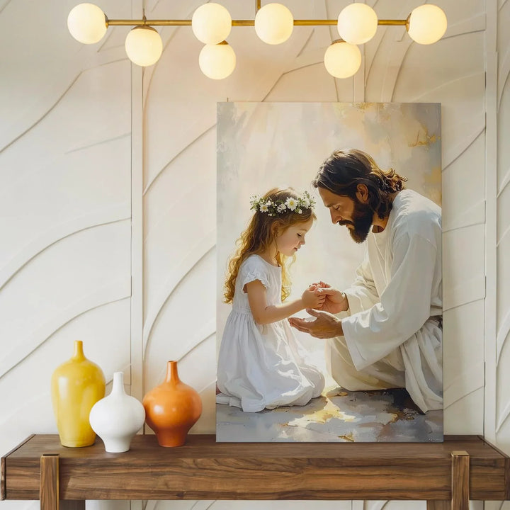 Jesus and Young Girl in Prayer Canvas – Divine Guidance and Spiritual Innocence Wall Art - Gifitto