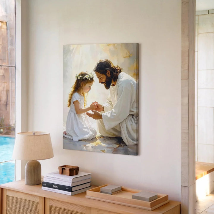 Jesus and Young Girl in Prayer Canvas – Divine Guidance and Spiritual Innocence Wall Art - Gifitto