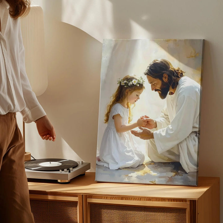 Jesus and Young Girl in Prayer Canvas – Divine Guidance and Spiritual Innocence Wall Art - Gifitto