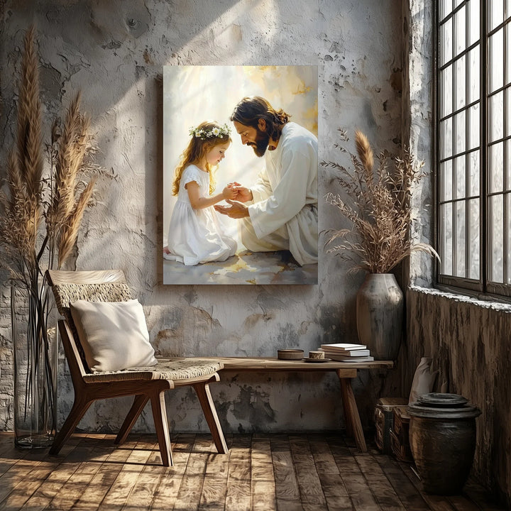 Jesus and Young Girl in Prayer Canvas – Divine Guidance and Spiritual Innocence Wall Art - Gifitto