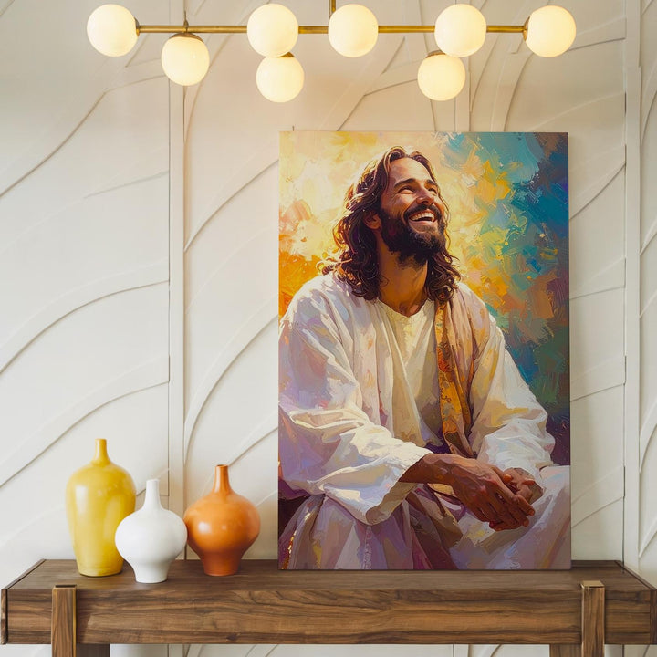 Joyful Jesus Laughing Canvas – Vibrant Christian Wall Art of Divine Joy and Sacred Positivity - Gifitto