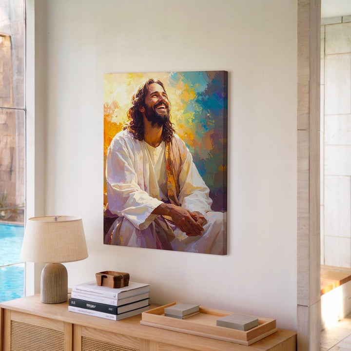 Joyful Jesus Laughing Canvas – Vibrant Christian Wall Art of Divine Joy and Sacred Positivity - Gifitto
