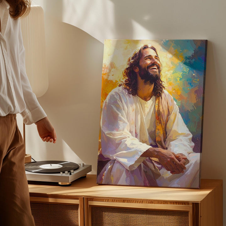 Joyful Jesus Laughing Canvas – Vibrant Christian Wall Art of Divine Joy and Sacred Positivity - Gifitto