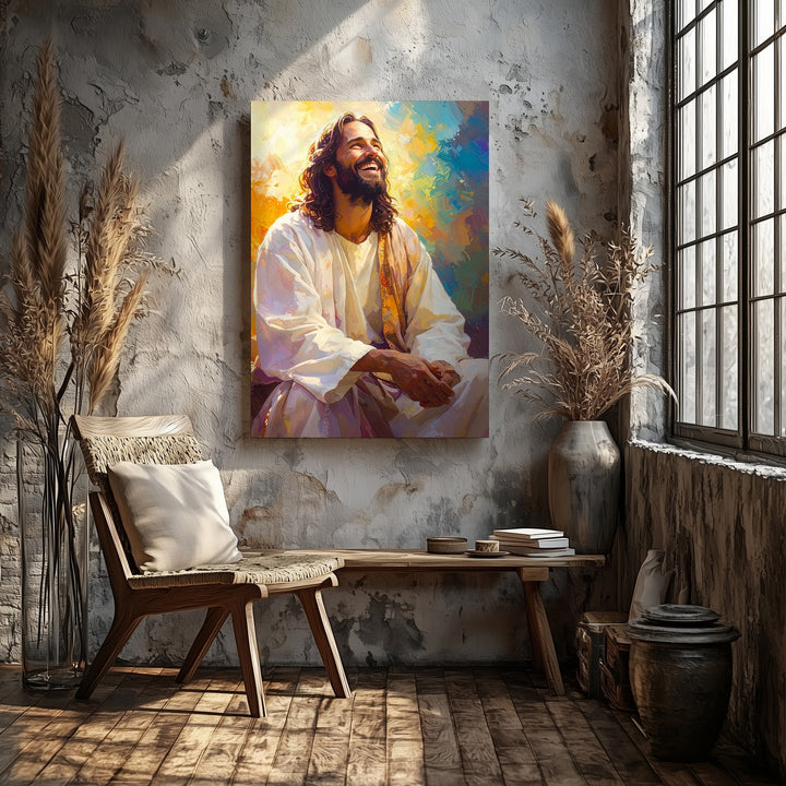 Joyful Jesus Laughing Canvas – Vibrant Christian Wall Art of Divine Joy and Sacred Positivity - Gifitto