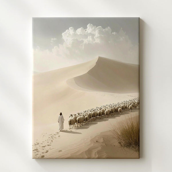 Jesus Leading Sheep Desert Canvas – Minimalist Christian Wall Art of Divine Guardianship and Spiritual Journey - Gifitto
