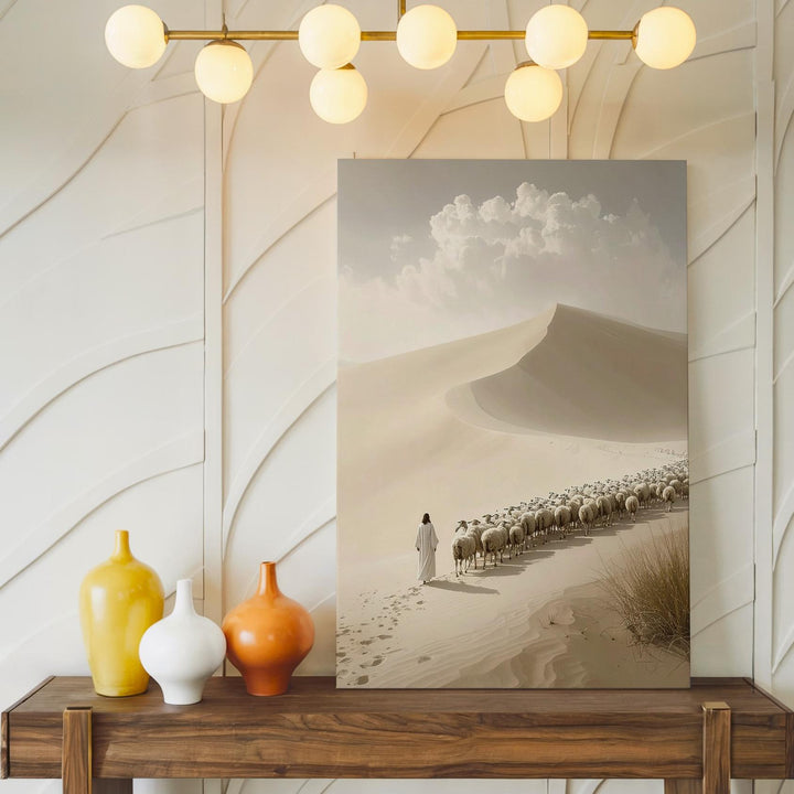 Jesus Leading Sheep Desert Canvas – Minimalist Christian Wall Art of Divine Guardianship and Spiritual Journey - Gifitto
