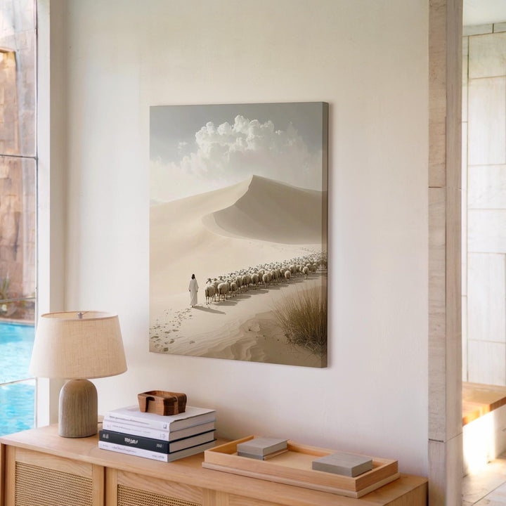 Jesus Leading Sheep Desert Canvas – Minimalist Christian Wall Art of Divine Guardianship and Spiritual Journey - Gifitto
