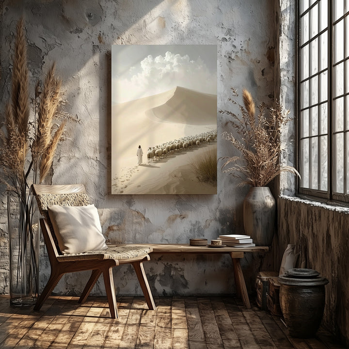 Jesus Leading Sheep Desert Canvas – Minimalist Christian Wall Art of Divine Guardianship and Spiritual Journey - Gifitto