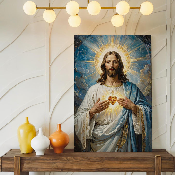 Jesus Radiating Divine Light Canvas – Sacred Heart Christian Wall Art of Grace and Mercy - Gifitto