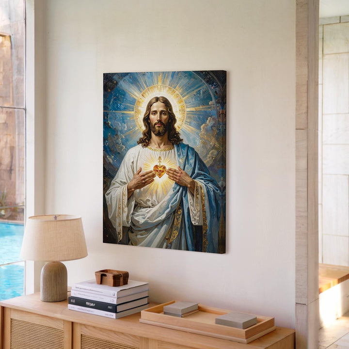 Jesus Radiating Divine Light Canvas – Sacred Heart Christian Wall Art of Grace and Mercy - Gifitto