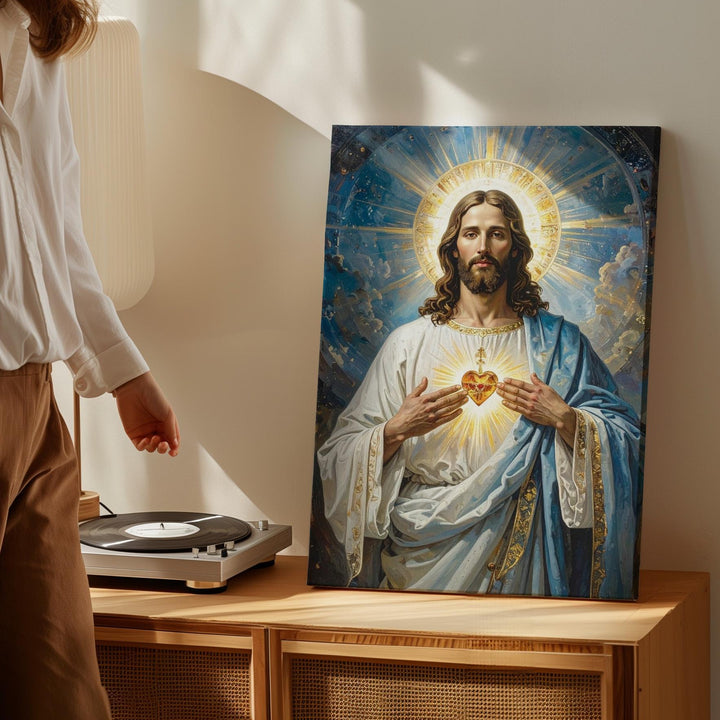 Jesus Radiating Divine Light Canvas – Sacred Heart Christian Wall Art of Grace and Mercy - Gifitto