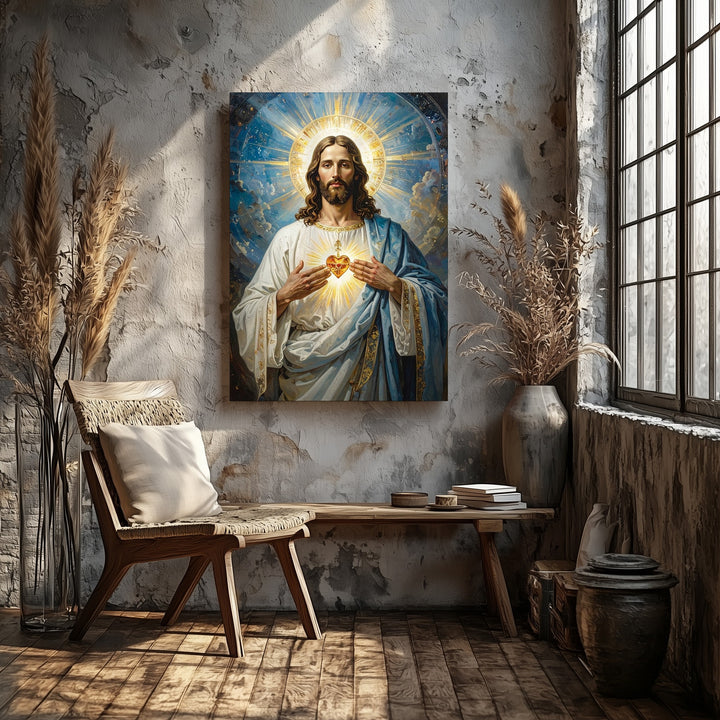 Jesus Radiating Divine Light Canvas – Sacred Heart Christian Wall Art of Grace and Mercy - Gifitto