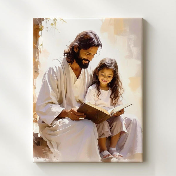 Jesus Reading with Girl Canvas – Tender Christian Wall Art of Divine Guidance and Innocence - Gifitto