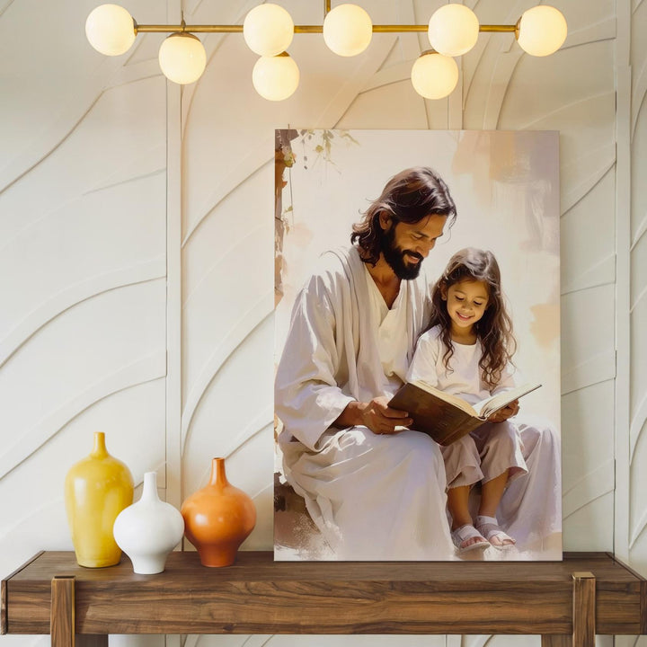 Jesus Reading with Girl Canvas – Tender Christian Wall Art of Divine Guidance and Innocence - Gifitto