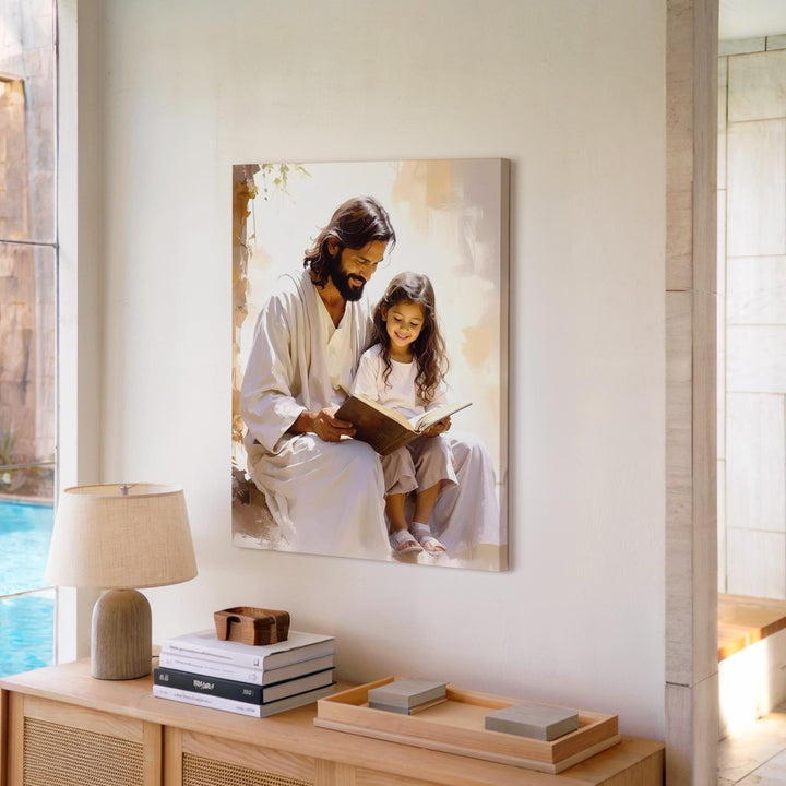 Jesus Reading with Girl Canvas – Tender Christian Wall Art of Divine Guidance and Innocence - Gifitto