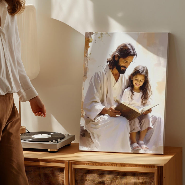 Jesus Reading with Girl Canvas – Tender Christian Wall Art of Divine Guidance and Innocence - Gifitto