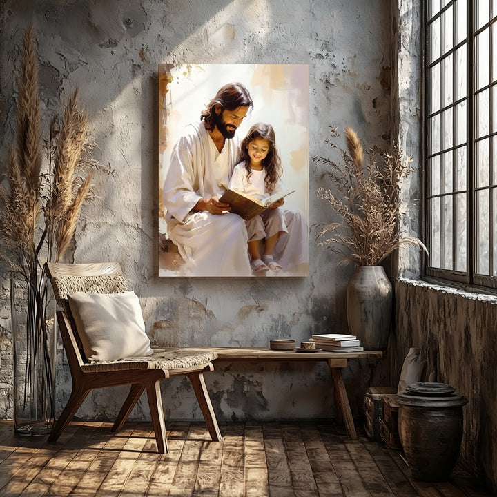 Jesus Reading with Girl Canvas – Tender Christian Wall Art of Divine Guidance and Innocence - Gifitto
