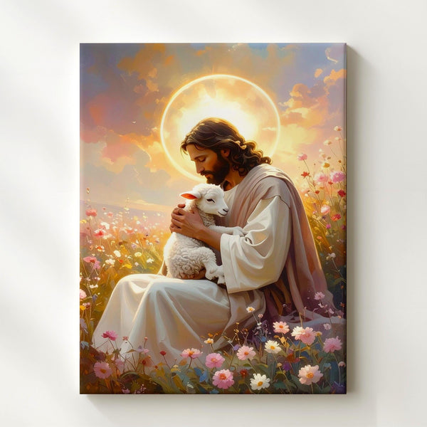 Jesus Holding Lamb in Pink Field Canvas – Peaceful Christian Wall Art of Divine Love and Guardianship - Gifitto