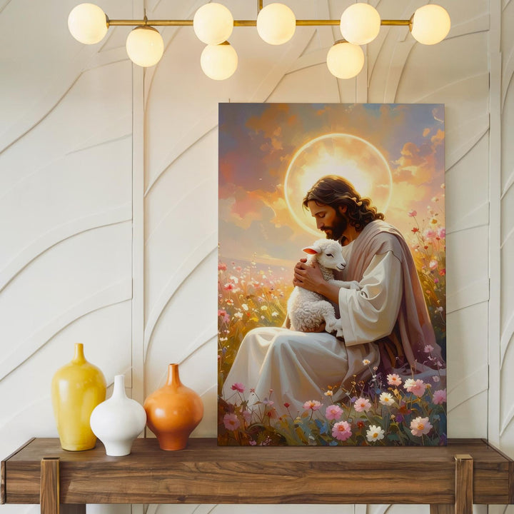 Jesus Holding Lamb in Pink Field Canvas – Peaceful Christian Wall Art of Divine Love and Guardianship - Gifitto